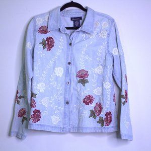 Denim & Co Light Wash Floral Embroidery Detailed Denim Top